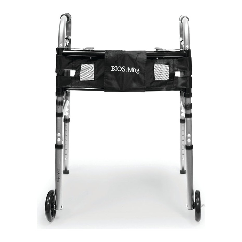 Front of the silver deluxe walker with two wheels and a black pouch