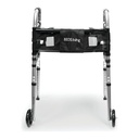 Front of the silver deluxe walker with two wheels and a black pouch
