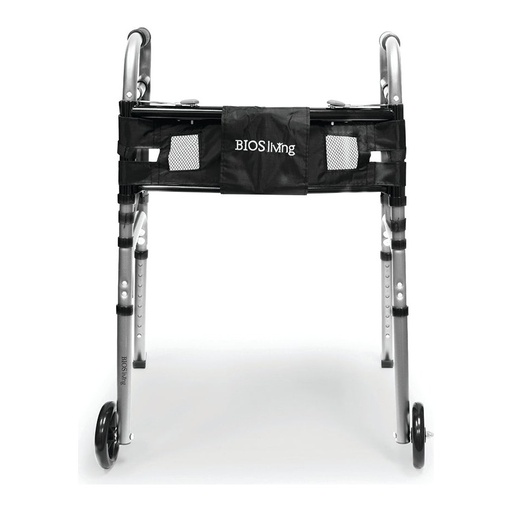 Front of the silver deluxe walker with two wheels and a black pouch