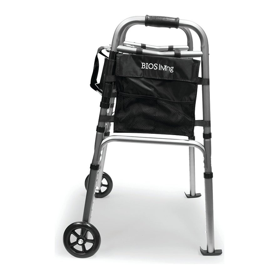 Side of the silver deluxe walker with a front wheel and a rear ski