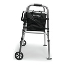 Side of the silver deluxe walker with a front wheel and a rear ski