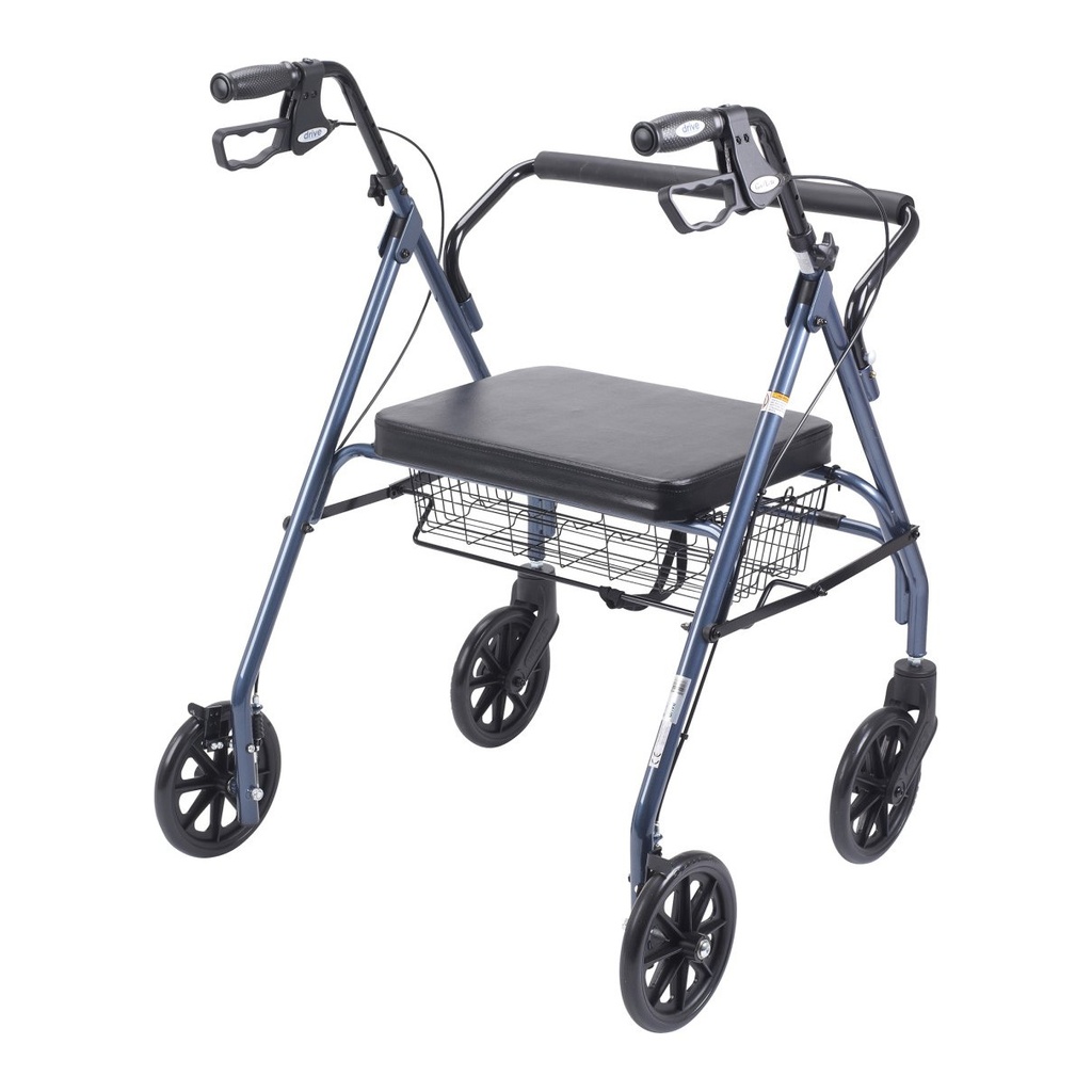 Blue bariatric rollator from the front, seat and under-seat basket visible