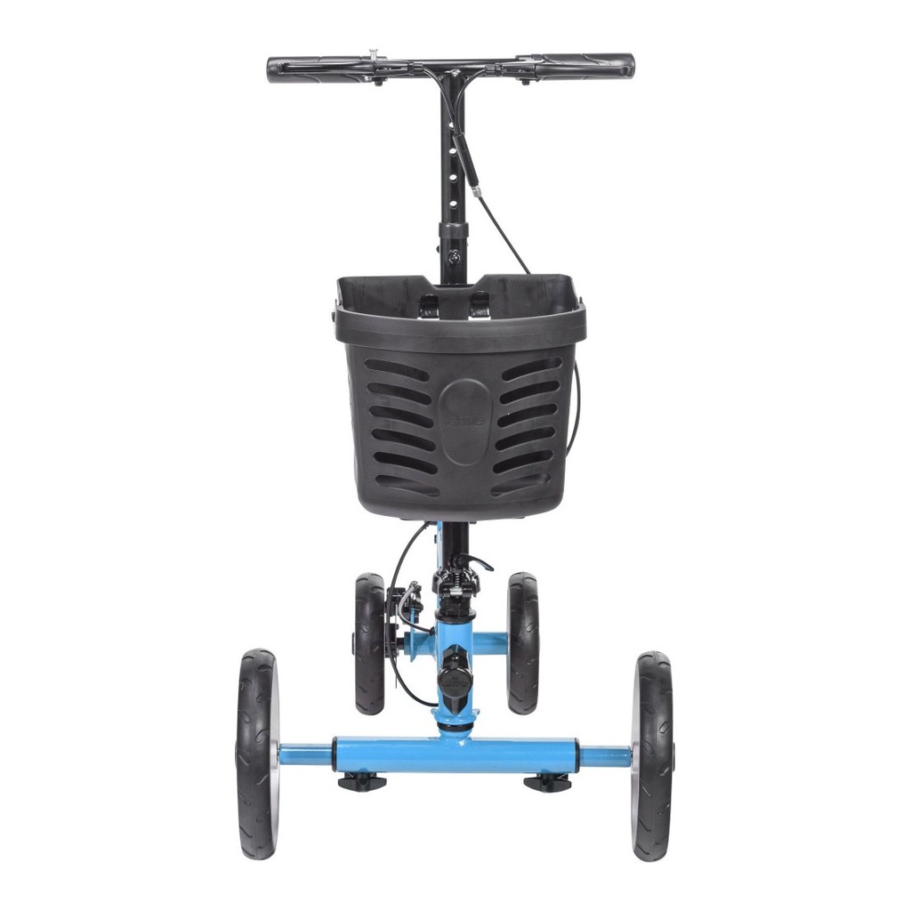 Front view of the blue knee walker with the front axle extended