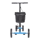 Front view of the blue knee walker with the front axle extended