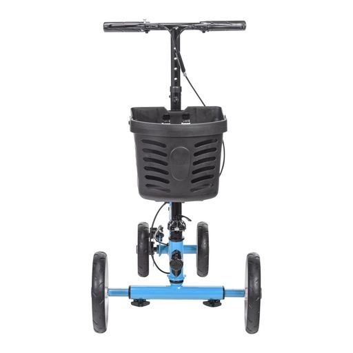 Front view of the blue knee walker with the front axle extended