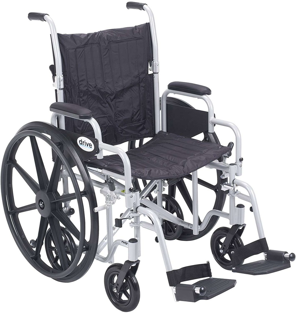 Front view in wheelchair mode, with hand rims on both 24 inch wheels and swing-away footrests