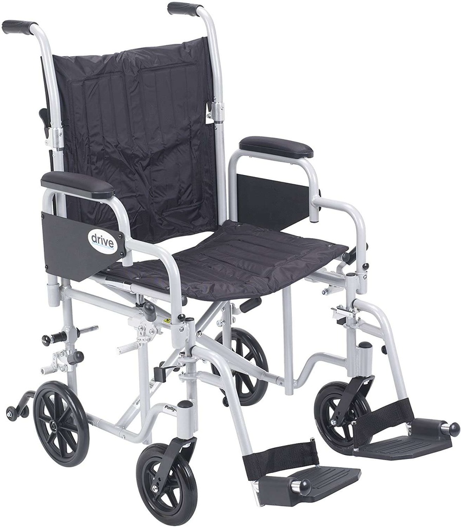 Front view in transport mode: the 24 inch wheels are off and the chair rolls on its 8 inch wheels