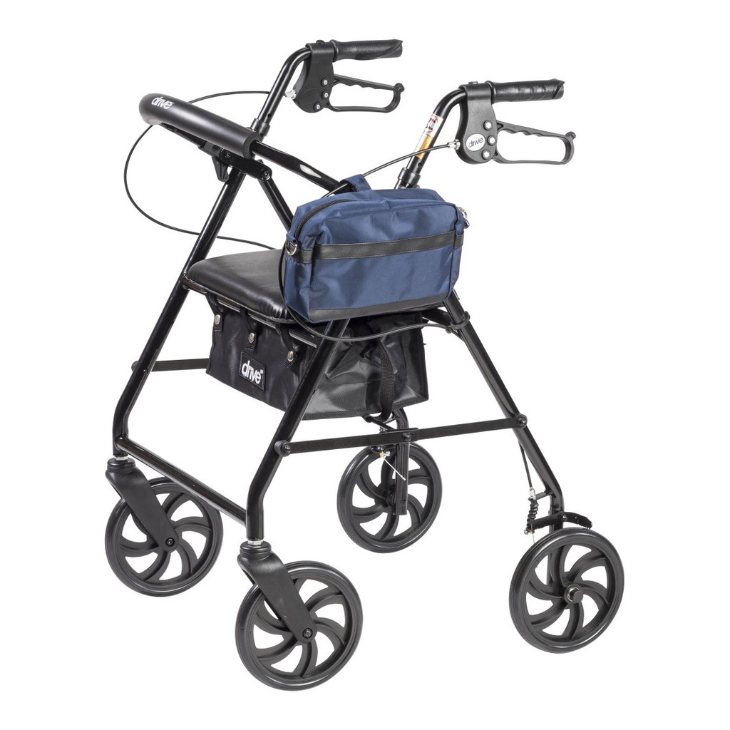 Navy bag clipped to a black four-wheel rollator