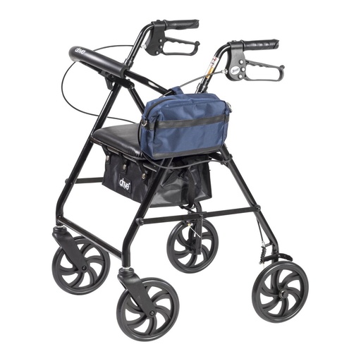 Navy bag clipped to a black four-wheel rollator