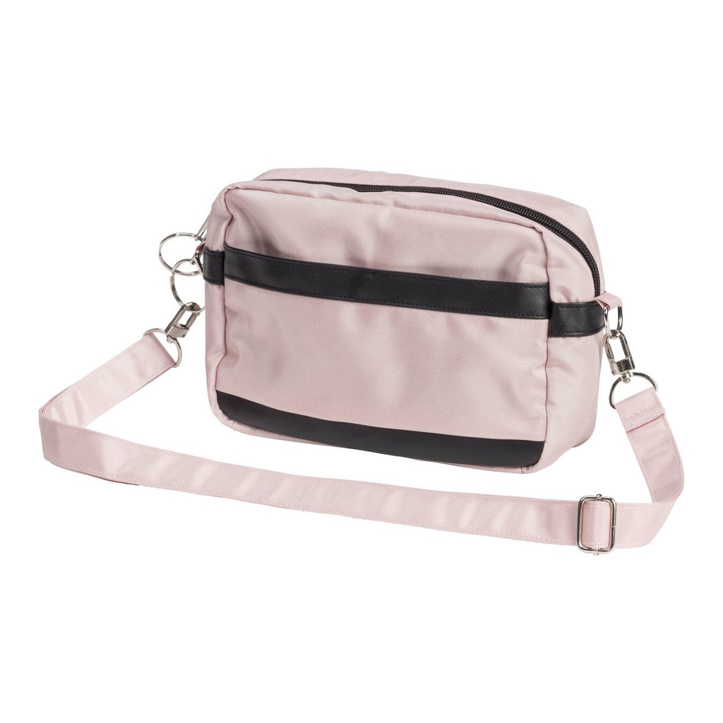 Pink nylon bag with a black band and a long strap