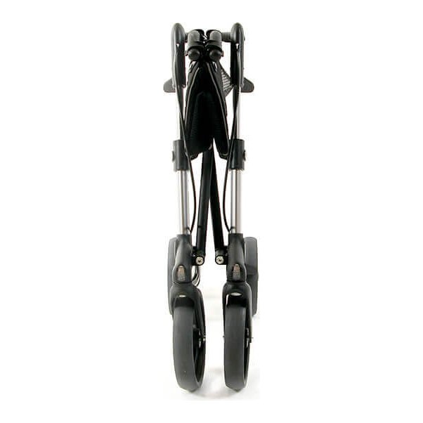 Folded grey rollator standing on its wheels, seen from the front