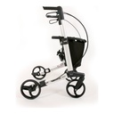 Side view of the silver rollator with basket and brake levers