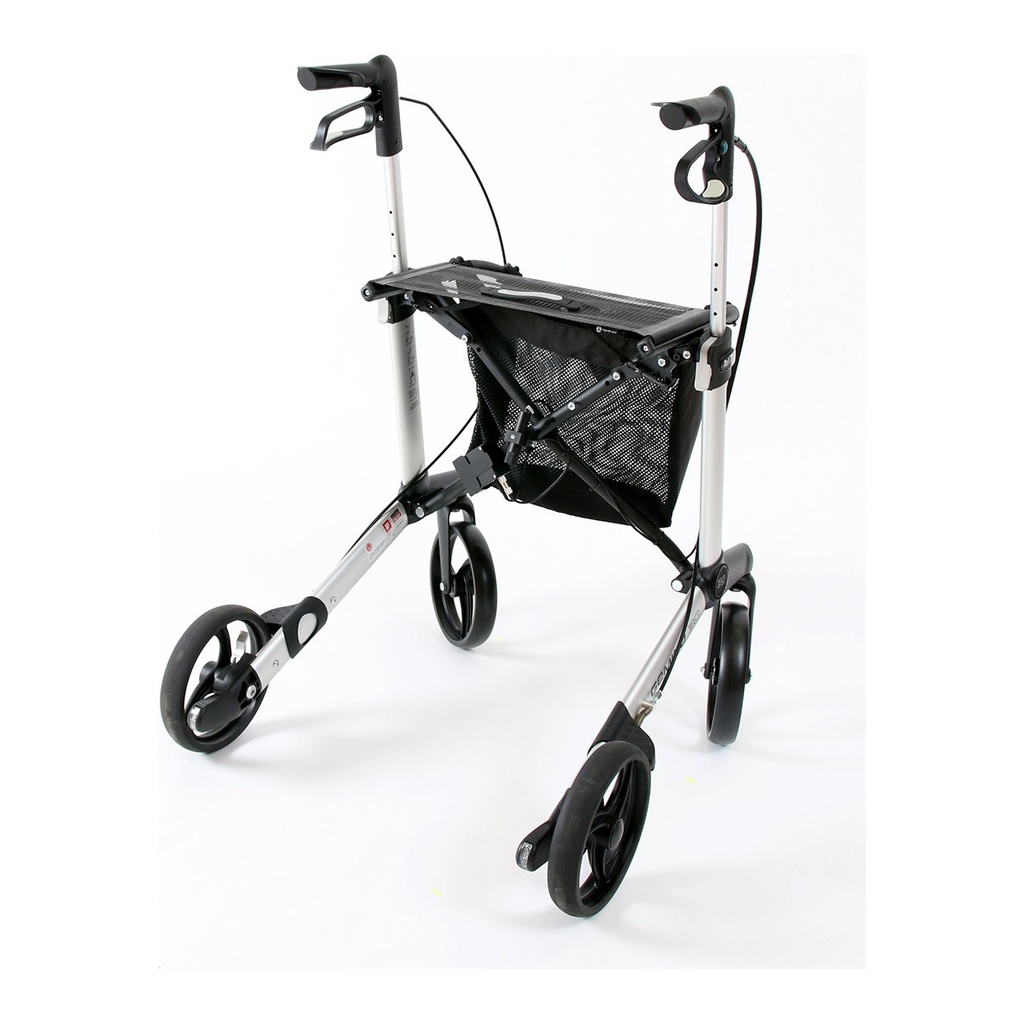 Rear three-quarter view of the silver rollator and mesh basket