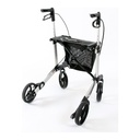 Rear three-quarter view of the silver rollator and mesh basket