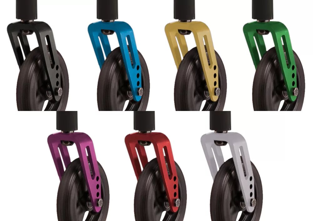 Seven anodized caster forks in black, blue, gold, green, purple, red and silver for the Quickie Access
