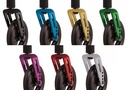 Seven anodized caster forks in black, blue, gold, green, purple, red and silver for the Quickie Access