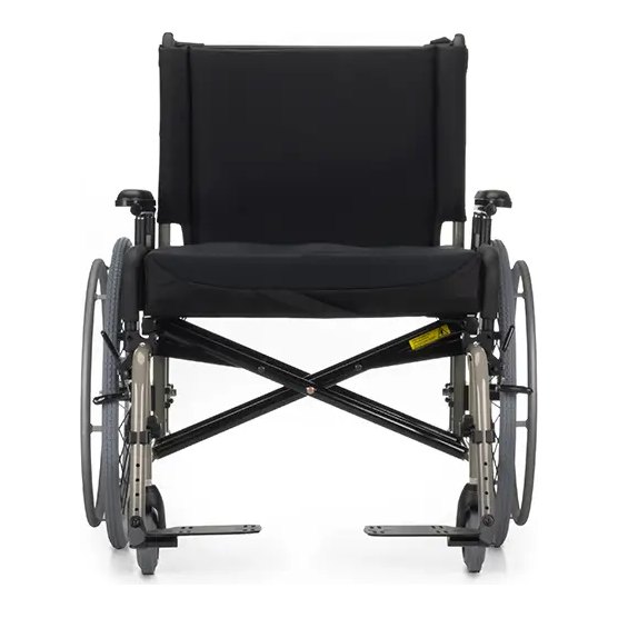 Front view of a Quickie M6 bariatric wheelchair with its 24 inch rear wheels and footplates