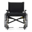 Front view of a Quickie M6 bariatric wheelchair with its 24 inch rear wheels and footplates