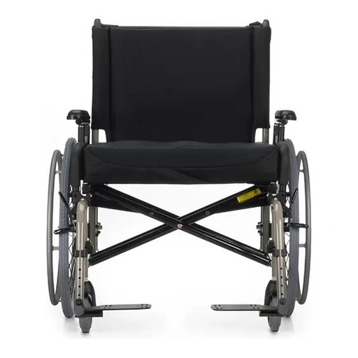 Front view of a Quickie M6 bariatric wheelchair with its 24 inch rear wheels and footplates