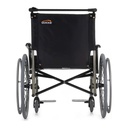 Rear view of a Quickie M6 wheelchair showing the Quickie logo on the black back upholstery