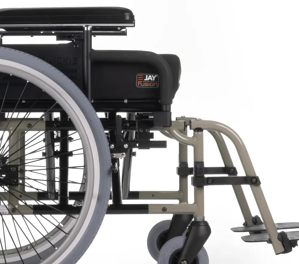 Side view of a Quickie M6 wheelchair showing the rear wheel, JAY Fusion cushion and hanger