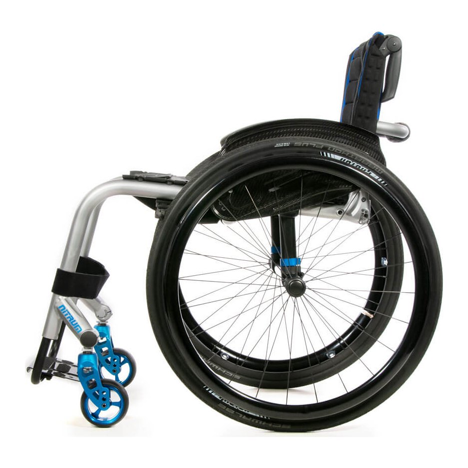 Open frame Quickie Nitrum ultralight wheelchair in silver with blue anodized casters