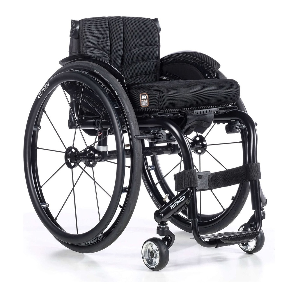 Black Quickie Nitrum Hybrid rigid wheelchair seen from behind, with the JAY back fitted