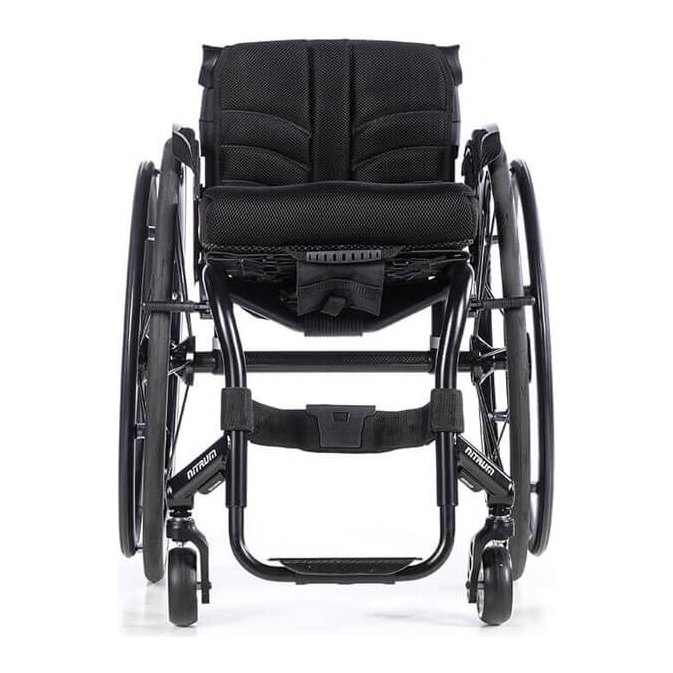 Front view of a Quickie Nitrum rigid wheelchair with its footrest and JAY back fitted