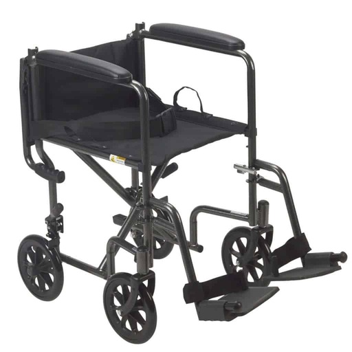 Chair open with its back folded down, seen from the front, with the seat belt and folding handle on the seat