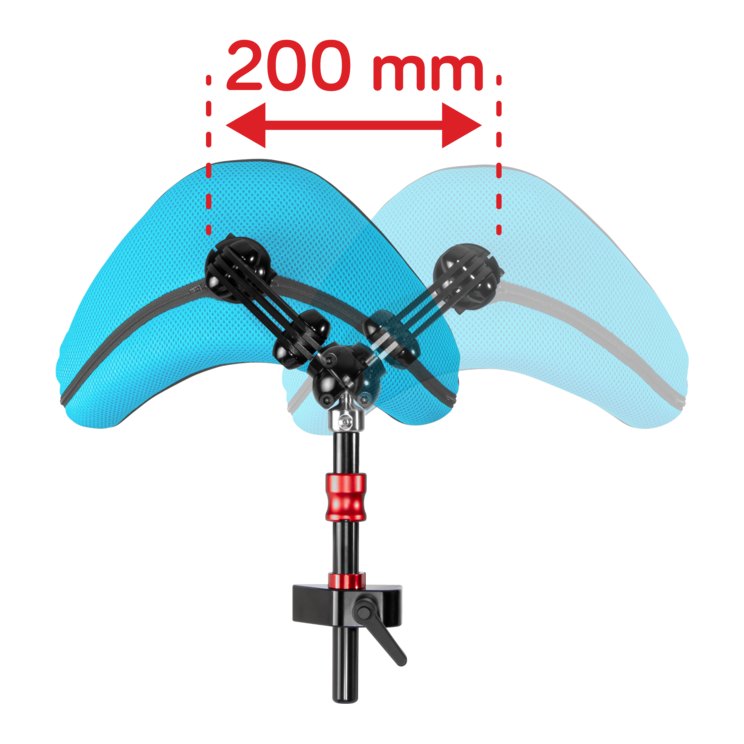 Spex Stylo adjustment diagram showing the 200 mm sideways travel of the head pad