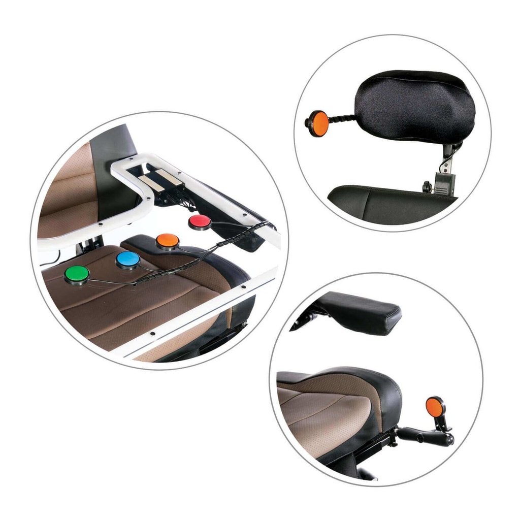 Cool Cube switches mounted on a lap tray, a headrest and an armrest