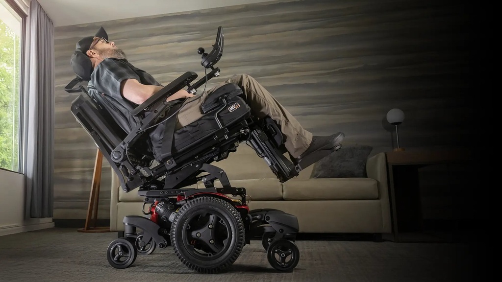Power wheelchair reclined with the legs raised, a seating position the CTRL+5 reaches
