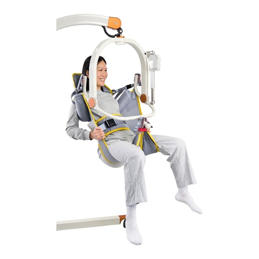 Handicare polyester hygiene sling M921529, side view with clips on the bar