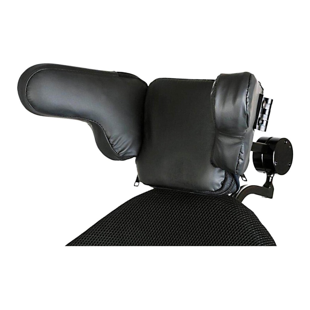 The head array on its headrest, with the lateral pads in place and a mode switch on the arm