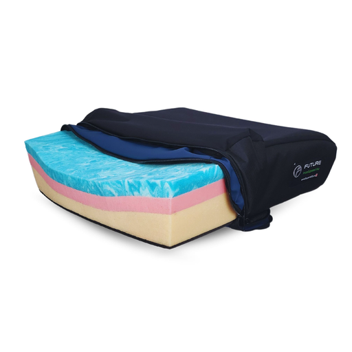 Black outer cover unzipped on the Supreme Cushion II Plus, showing the navy inner liner and foam layers
