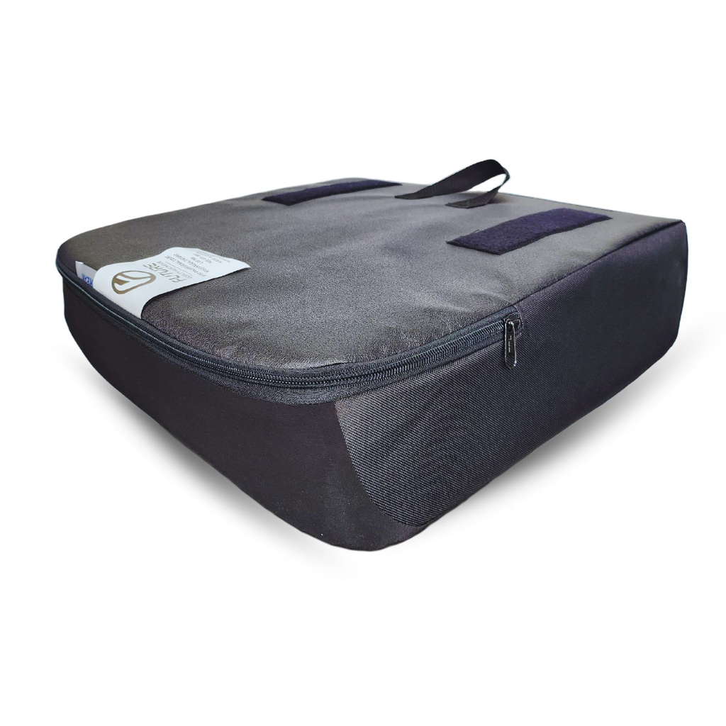 Base of the cover with two hook-and-loop strips that hold the cushion to the seat, a fabric handle and the zip