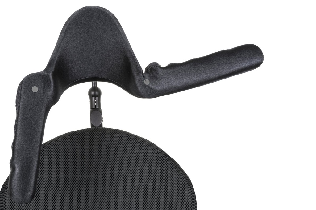 Heads Up mounted above a mesh wheelchair back, one arm forward and one hanging down