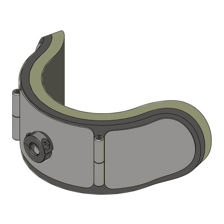 Whitmyer Specialty Plush Wheelchair Head Support. Drawing of Adjust-a-Plush, a curved pad with two hinges and one mounting co