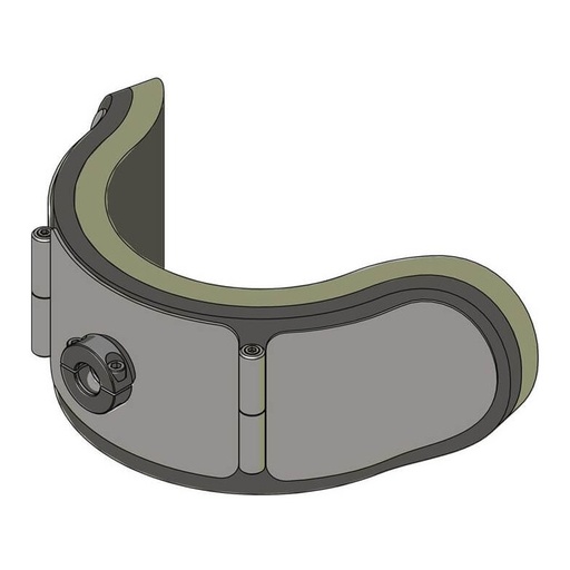 Whitmyer Specialty Plush Wheelchair Head Support. Drawing of Adjust-a-Plush, a curved pad with two hinges and one mounting co