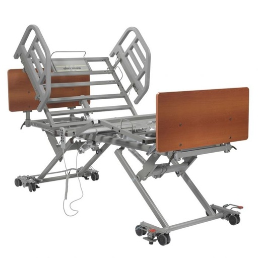 P703 bed raised to full height with the deluxe rotating assist rails folded up at the head