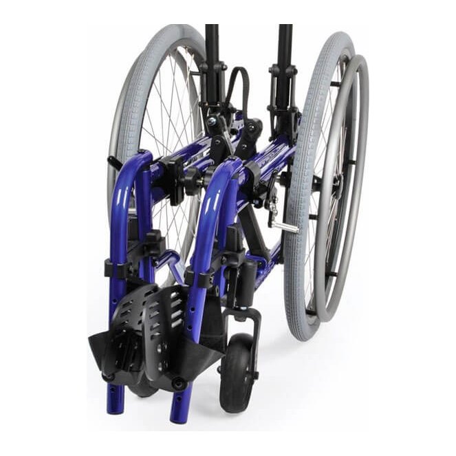 Front frame, footplates and caster of a blue ZIPPIE GS