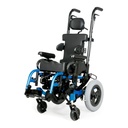 Zippie IRIS pediatric tilt wheelchair in blue and black, three-quarter view with a headrest