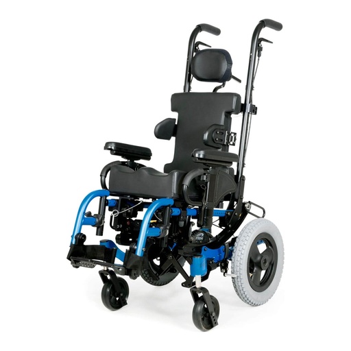 Zippie IRIS pediatric tilt wheelchair in blue and black, three-quarter view with a headrest