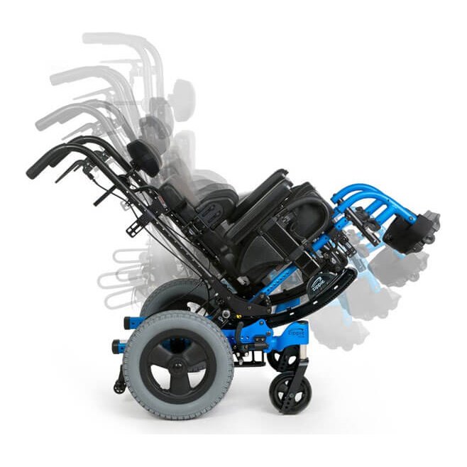 A blue IRIS tilted back, with faded outlines of the seat at other tilt positions
