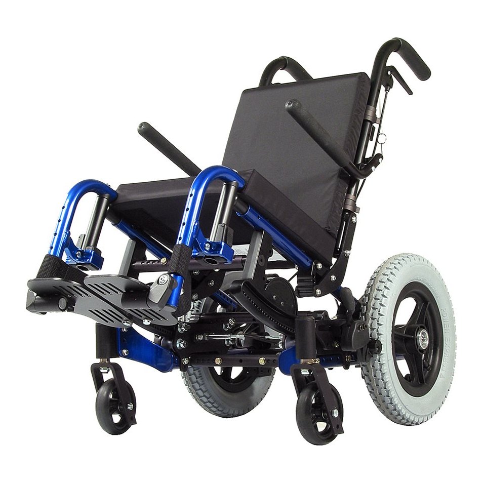 Side view of a blue IRIS with the seat tipped back and the footplates extended