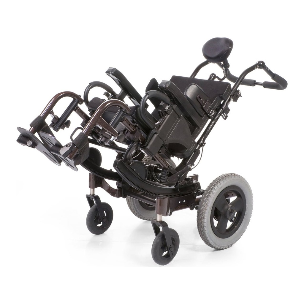 A dark IRIS tilted far back, with the footplates swung up in front of the seat