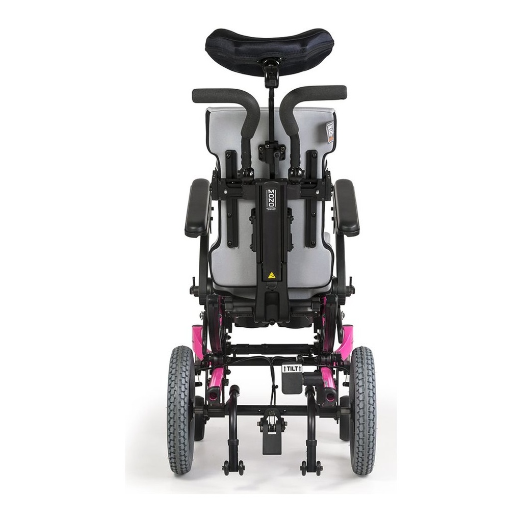 Rear view of a pink IRIS with a MONO back, push handles and a foot tilt pedal
