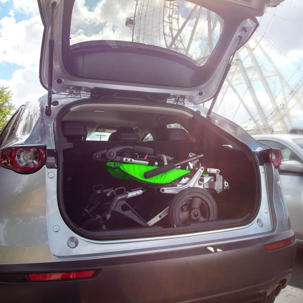 A folded green Sphynx lying in the open trunk of a car