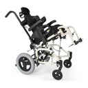 Zippie TS Pediatric Tilt-in-Space Wheelchair. The white TS tipped back, with the footrest frame lifted and the headrest in pl