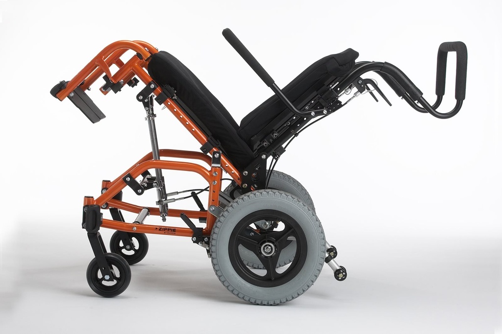An orange TS in side view, seat tilted back and the footrest frame swung forward